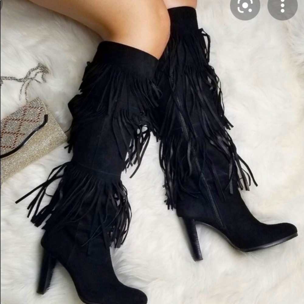 Stuart Weitzman knee high black suede fringe boots